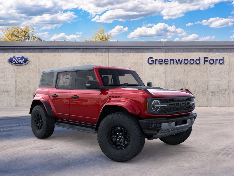 2025 Ford Bronco Raptor in Ruby Red Metallic Tinted Clearcoat — front three-quarter view