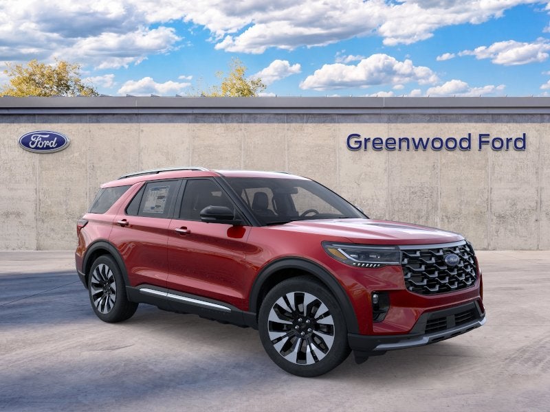 2026 Ford Explorer Platinum in Rapid Red Metallic Tinted Clearcoat — front three-quarter view