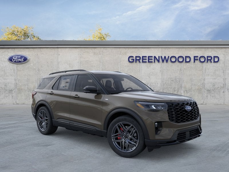 2026 Ford Explorer ST-Line in Marsh Gray — front three-quarter view